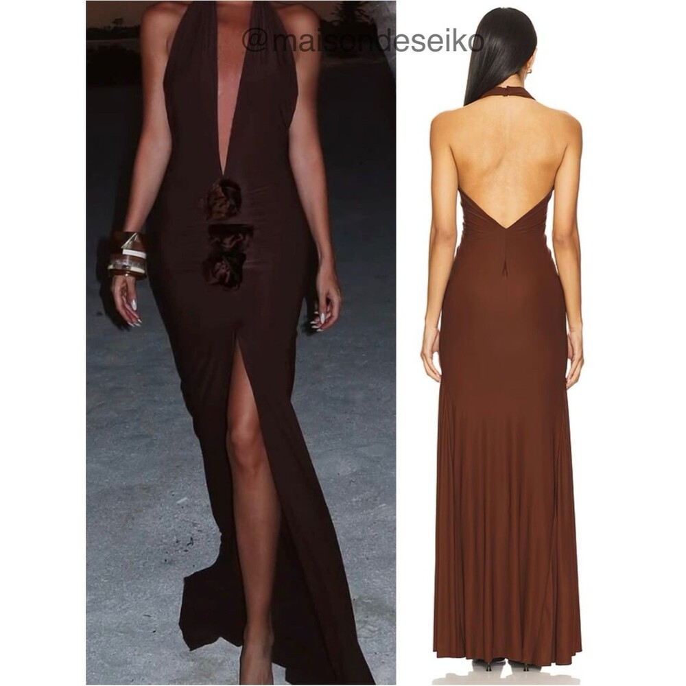 NWT Deme by Gabriella Maxi Dress Brown Halter Elida Rosette Wedding Guest size S